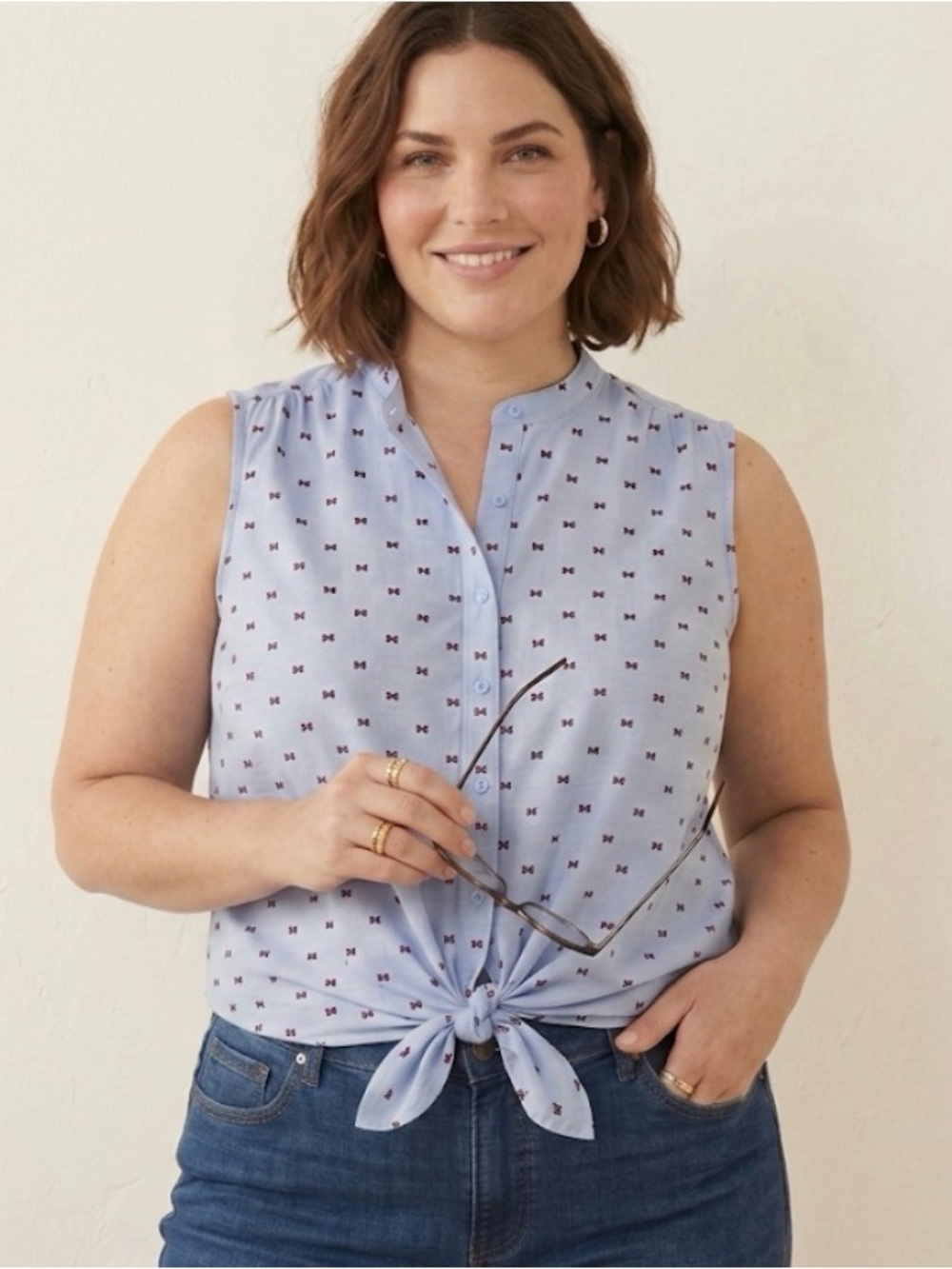 GNW 100% Cotton Tie Front Textured Button Down Top 1X Plus Casual Boho Coastal